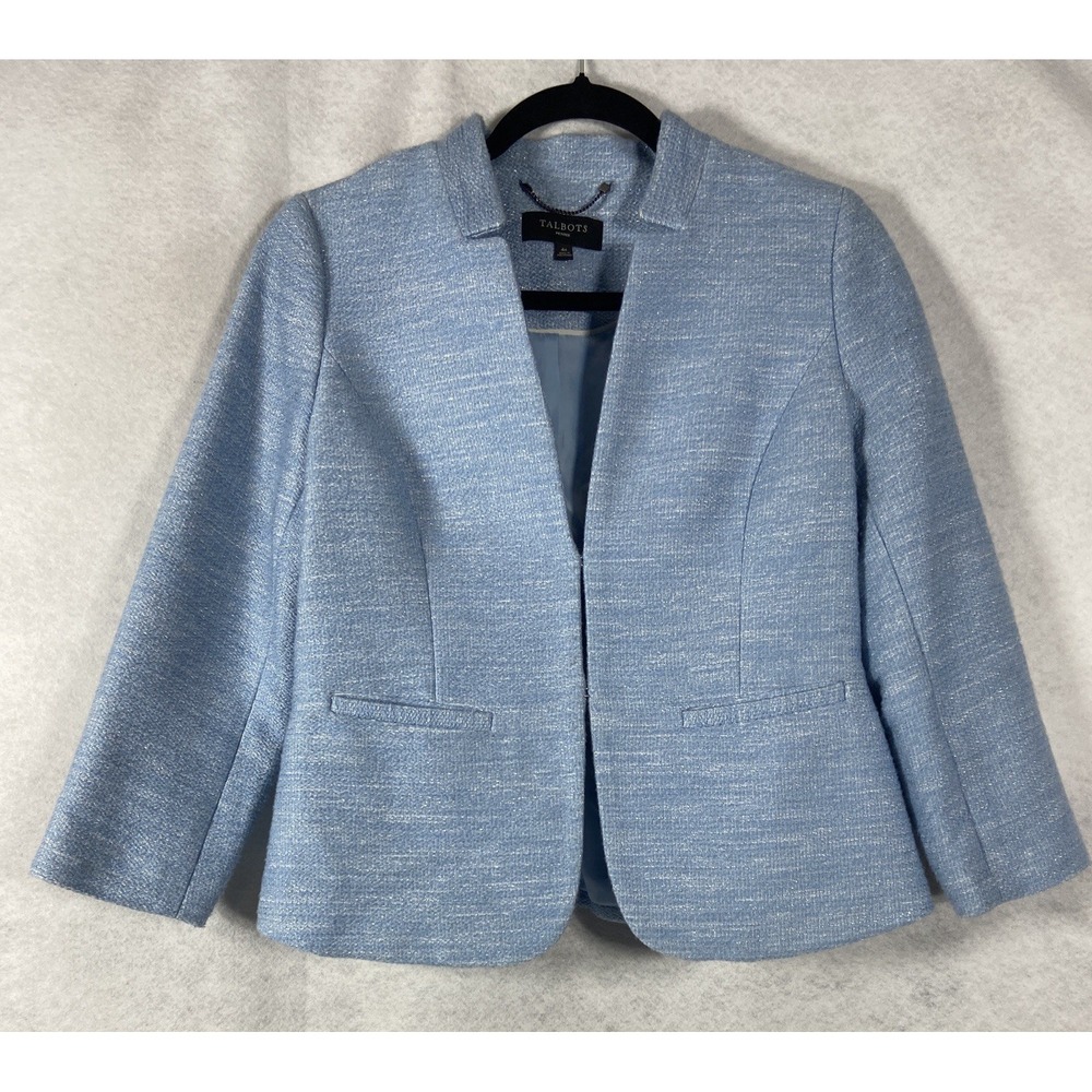 Talbots Jacket Women's Petite 4P Blue Blazer Long Sleeves Cotton Tweed